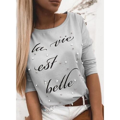 Letter Printed Beading Pullovers Tees Spring Autumn Women Clothing Fashion Casaul Long Sleeved O Neck T Shirt Female Loose Tops