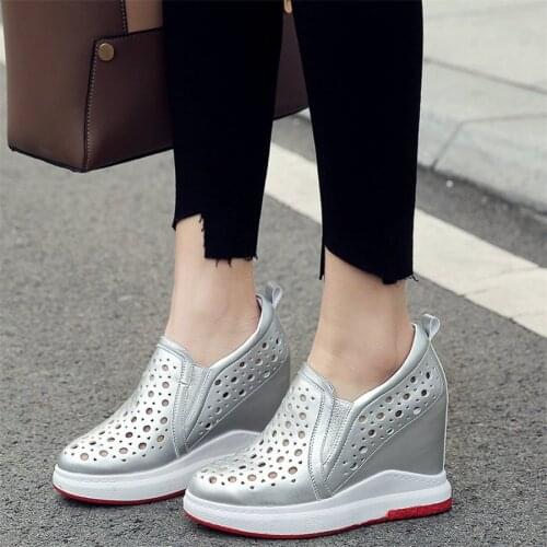 Summer Motorcycle Boots Women Breathable Genuine Leather Wedges High Heel Gladiators Sandals Female Round Toe Fashion Sneakers