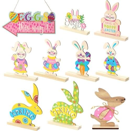Happy Easter Wooden Bunny Ornaments Cute Easter Rabbit Chick Desktop Decor Wood Craft For Home Spring Easter Party Supplies Gift