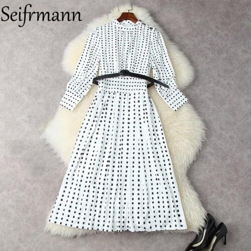 Seifrmann New 2021 Autumn Women Fashion Designer Party Midi Dress Lantern Sleeve Sashes Polka Dot Print A-Line Dresses Vestidos