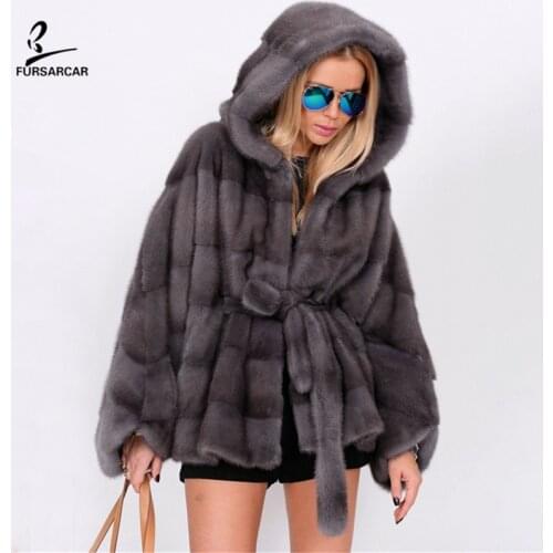 FURSARCAR 2020 Hot Sale Women Real Mink Fur For Female Winter Natural Fur Shawl Fashion Luxury Lady Genuine Fur Hooded Coat