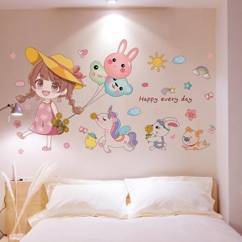 [SHIJUEHEZI] Cartoon Girl Balloons Wall Stickers DIY Dog Rabbit Animals Wall Decor for Kids Room Baby Bedroom Home Decoration