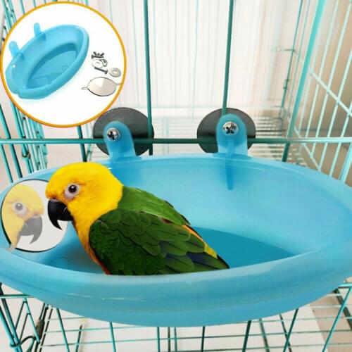 Bird Water Bath Tub For Pet Cage Hanging Bowl Parrot Parakeet Birdbath with Mirror