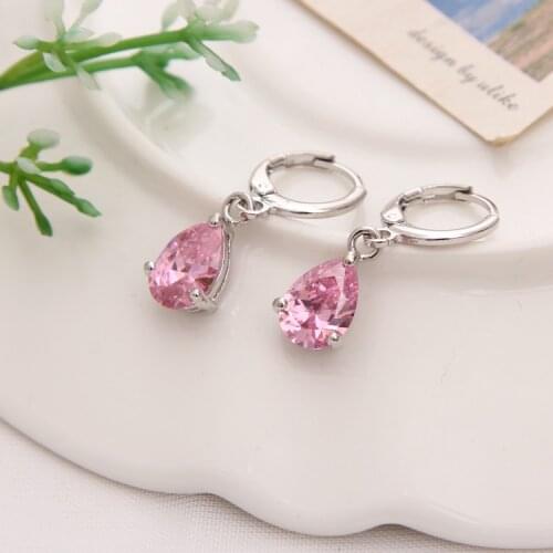 Women/Girls Silver Filled Pink Water Drop Shaped CZ Stone Crystal Pierced Dangle Earrings Women Wedding Jewelry Gift
