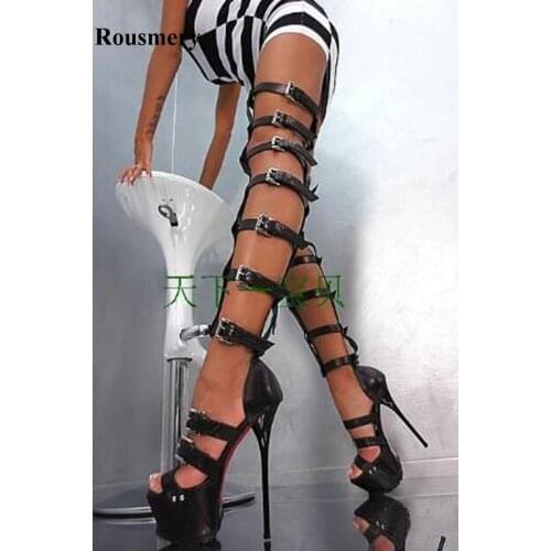 Women Sexy New Fashion Open Toe Straps Style Over Knee High Platform Gladiator Boots Black White Patent Leather Long Sandal Boot