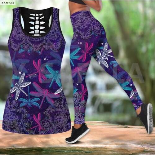 Beautiful Dragonfly Two Piece Yoga Set Women 3D Print Vest Hollow Out Tank Top High Waist Legging Summer Casual Sport