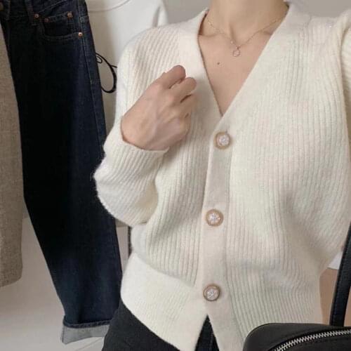 Women 2021 Autumn Winter New Short Cardigan Coats Female V-neck Sweaters Outwears Ladies Long Sleeve Knitwear Jackets P380