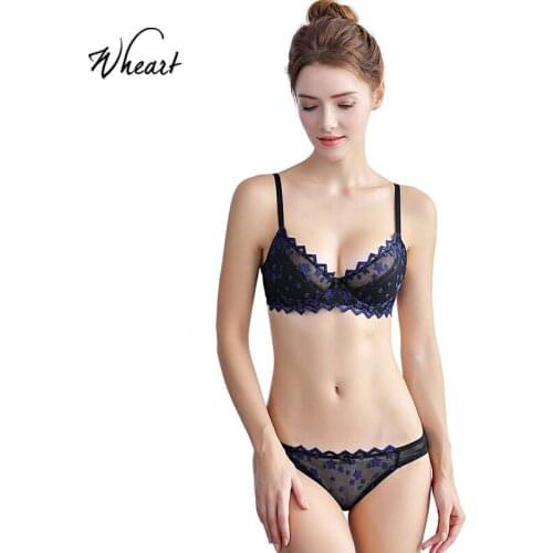 Wasteheart Women Fashion Blue Sexy Lingerie Unlined Transparent Bras Lace Embroidery Cotton Panties Push Up Bra Sets Underwear