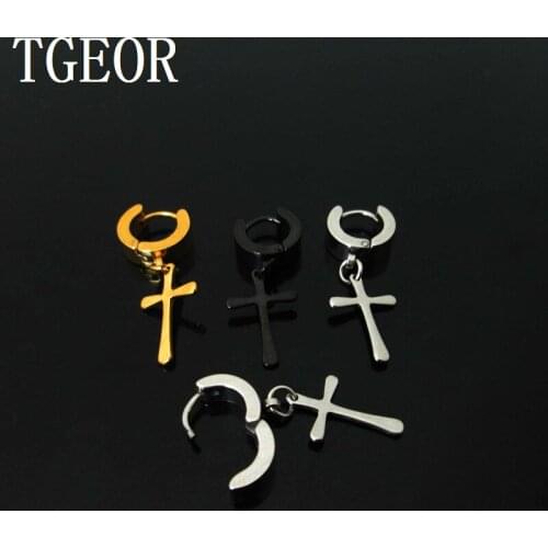 Newly 1Pair 4*7mm surgical stainless steel dangle cross Small hoop Backing Earring Free shipping