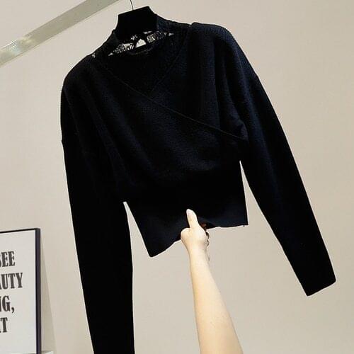 2020 Sweet Lace Patchwork Turtleneck Collar Slim Waist Pullover Short Knitted Sweater for Women New Lady Chic Knit Top