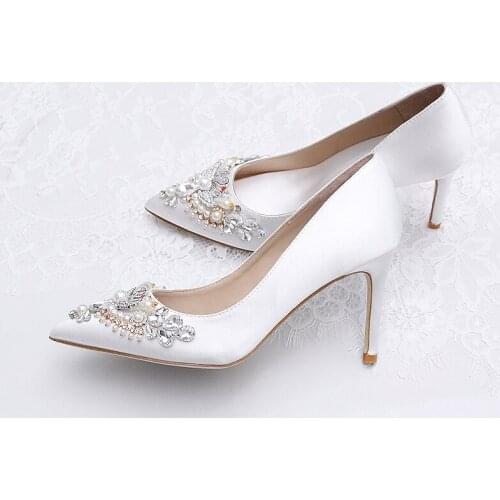 2021 spring light luxury bridal gown wedding shoes white stiletto pointed toe shallow mouth rhinestone pearl womens single shoe