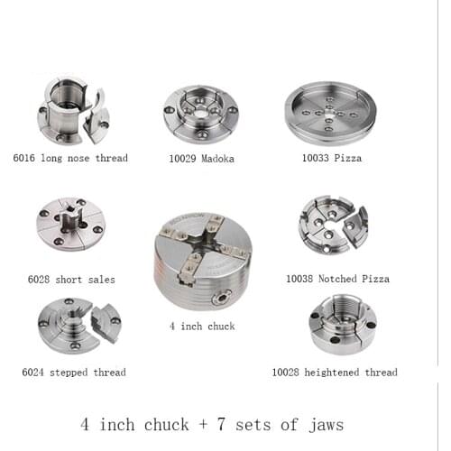 4 Inch Woodworking Chuck, M33*3.5, 1 Inch 8 Teeth, 1 1/4 Inch 8 Teeth, With 7 sets of jaws