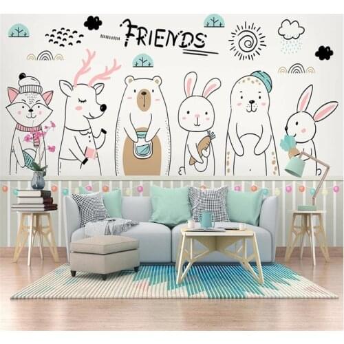 XUE SU Large custom mural wallpaper Nordic simple cartoon hand-painted cute animal childrens house room background wall