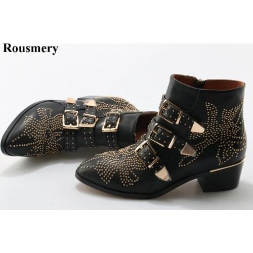 New Leather Rivets Booties Buckle Straps Thick Heel Ankle Boots Studded Decorated Motorcycle Boots Woman Riding Boots