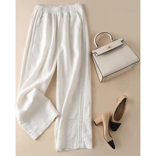 Women Spring Autumn Solid Cotton Linen Wide Leg Pants Casual High Waist Palazzo Loose Pocket Trousers Long Pantalon Plus Size
