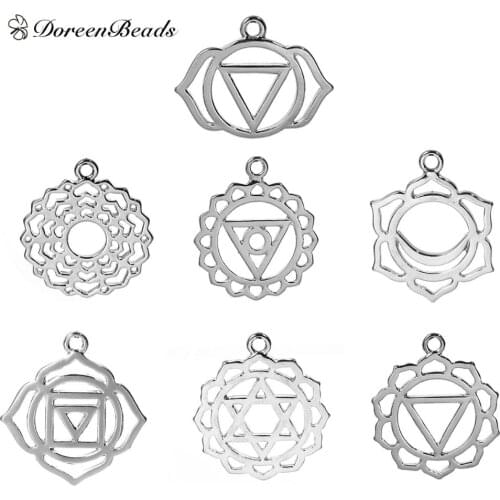DoreenBeads Alloy Chakra Pendants Mixed Dull Silver Color Hollow 3.1cm x2.7cm(1 2/8" x1 1/8") - 29mm x23mm(1 1/8" x 7/8"), 7 PCs