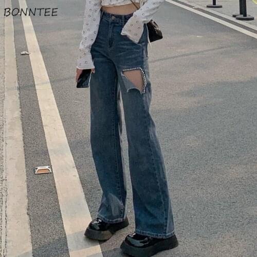 Jeans Womens Summer Simple Hole All-match Vintage Chic Ladies Leisure Korean Style Fit Loose Large Size S-4XL Daily Streetwear