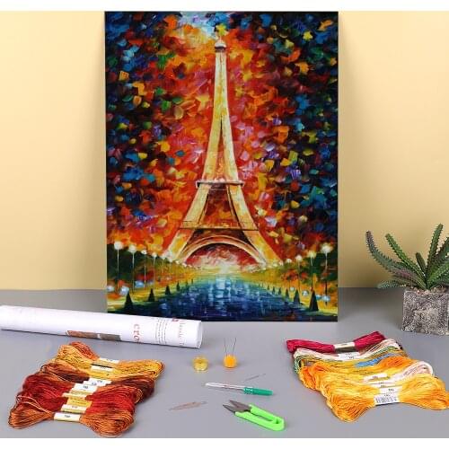 Eiffel Tower Lighted Printed Water-Soluble Canvas 11CT Cross Stitch DIY Embroidery Set DMC Threads Painting Craft Counted