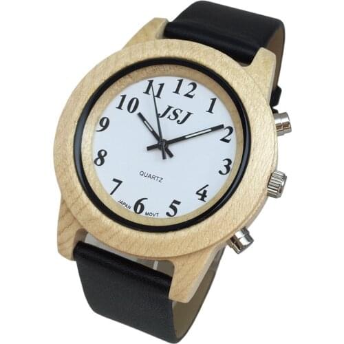 English Talking Wooden Watch with Alarm Leather Strap,Talking Date and Time
