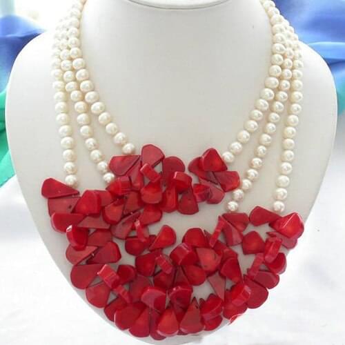 Perfect 3 Rows White Round Freshwater Pearl Red Coral Necklace,Handmade Wedding Birthday Women Gift Jewellery,Free Shipping