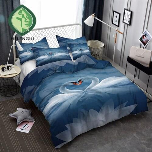HELENGILI 3D Bedding Set Swan Print Duvet cover set lifelike bedclothes with pillowcase bed set home Textiles #HTE-07