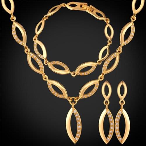 Party Fashion Jewelry Sets Necklace Bracelet Earrings For Women Cubic Zircon Yellow Gold Color Jewelry Set NEH1057