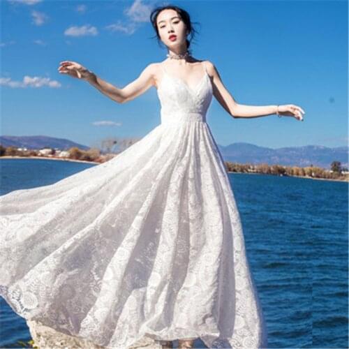 Lace dress 2020 summer sweet sexy V-neck embroidery strap dress fashion seaside holiday long dress