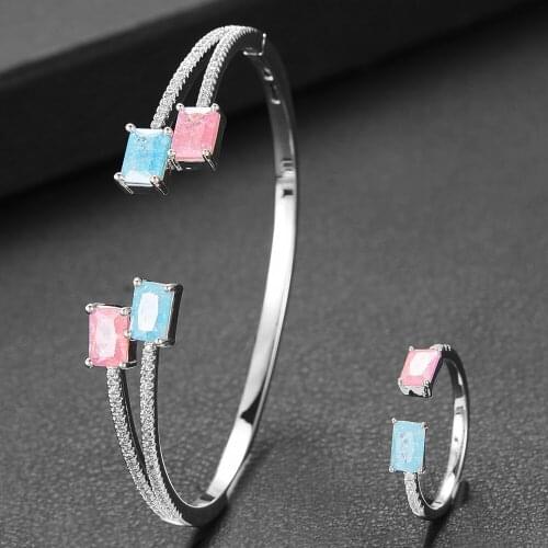 LARRAURI 2019 Hot Luxury Branch CZ Geometric Bridal African Wedding Wide Bracelets/Ring Jewelry Sets 2PCS Jewelry Sets For Women