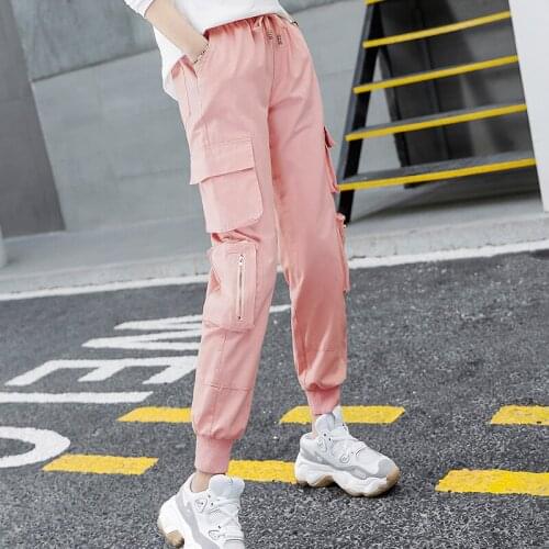 Pink High Waist Women Cargo Pants Sport Loose Zipper Pocket Student Leggings Harem Female Casual Pants Slim Autumn Summer