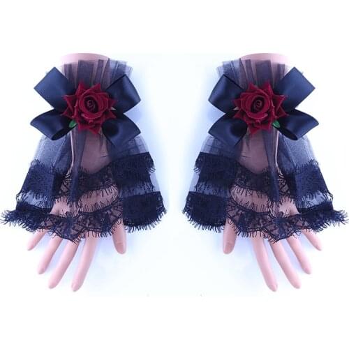 Gothic Lolita Lace Cuffs Victorian Style Rose Ribbon Bowknot Wrist Cuffs Retro Hand wear