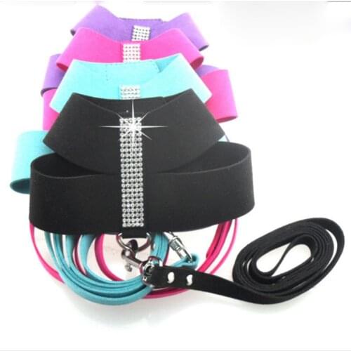 Fashion Elegant Bling Rhinestone Korea Suede Soft Super Fiber Pet Dog Harness Leash for Dog Small Puppy Walking Leads Chihuahua
