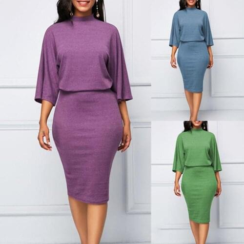 Plus Size Fashion Women Solid Color 3/4 Sleeve Round Neck Bodycon Midi Dress