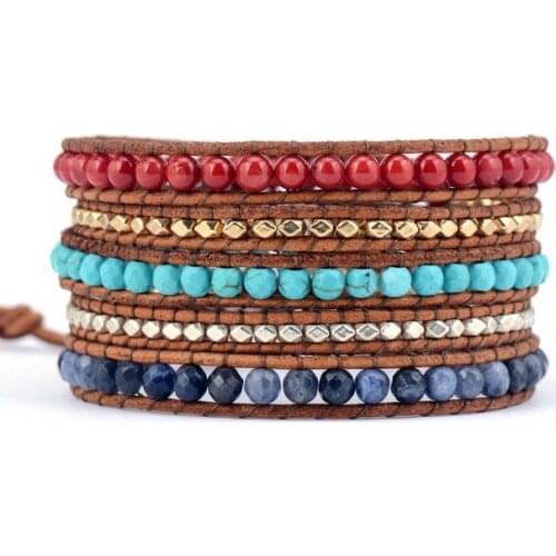 New Fashion Natural Stones Sodalite Coral Beaded Wrap Bracelets Leather Bracelet with Stones Wholesale Leather Jewelry