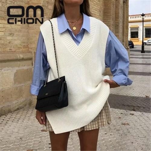 OMCHION Korean Style Loose Solid Color Knitted Tops 2021 Spring Summer V-neck Sweater Vest Split White Casual Pull Femme LN13