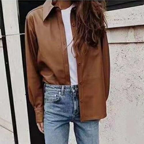 2020 Autumn Winter Women Shirt Dark Black PU Leather Shirt Jacket