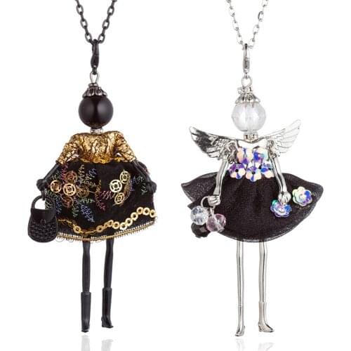 HOCOLE Women Doll Necklaces Shiny Sequins Wing Dress Hadmade Long Chain Girls Kids Pendant Necklace Brand Fashion Charm Jewelry