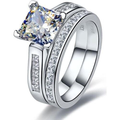 Superb White Gold AU750 Rings 2Ct Princess Cut Diamond Engagement Ring With Wedding Band Solid 18K White Gold