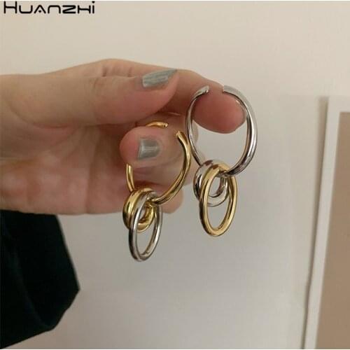 HUANZHI 2020 New Korean Trendy Minimalist Gold Silver Color Metal Geometry Oval Circle Ear Clip Earrings for Women Girls Jewelry