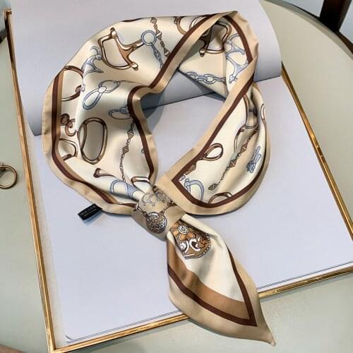 Silk Scarf Women Wild Temperament Buckle Tied Hair Decorative Head Luxury Brand Chiffon Hijab beige Ladies Scarve SJ377