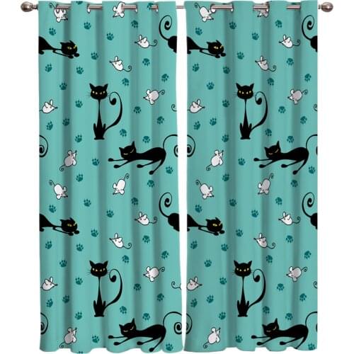 Cartoon Black Cat White Mouse Paw Print Window Curtains Curtains for Living Room Decorative Items Living Room
