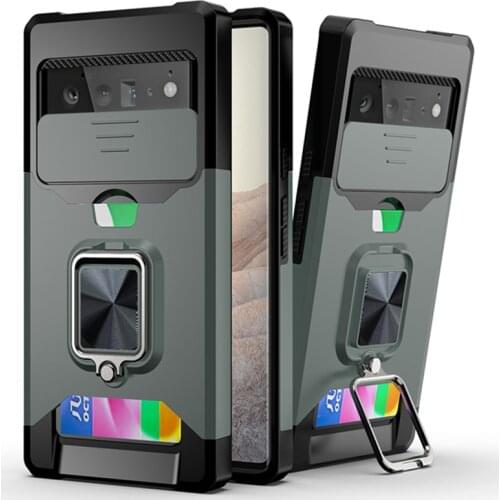 PC+TPU Slide Camera Protection Case For Google Pixel 6 Pro Pixel 5A Pixel 6 Card Slot Shockproof Armor Kickstand Back Cover