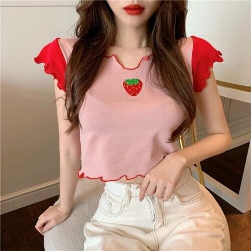 Strawberry Print V-neck Sleeveless T-shirt Wooden Ears Women Small Flying Sleeves Short Sexy Crop Top