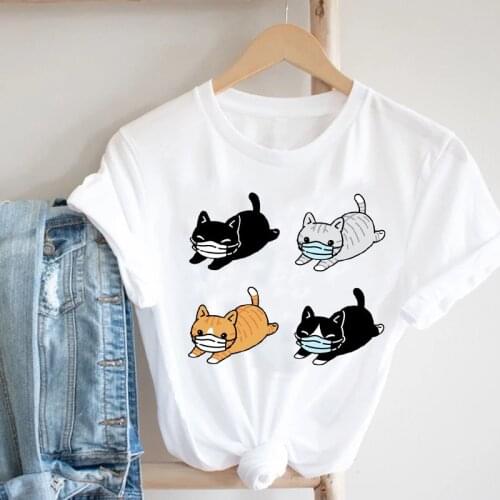Women Clothing Spring Summer Fashion Cat Pet Cartoon Kawaii Animal 90s Clothes Print Tee Top Tshirt Female Graphic T-shirt
