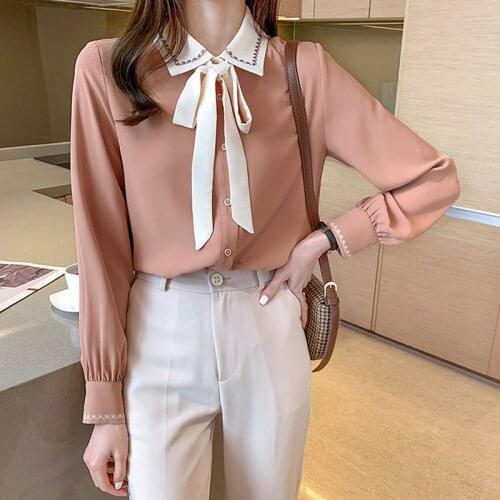 Women Solid Peter Pan Collar Shirts Spring Korean Style Chic Blouses Sweet Long-Sleeved Womens All-match Chiffon Blouse