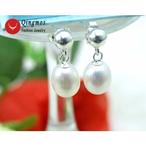 Qingmos Natural White Pearl Earrings for Women with 7-8mm Drop Pink Pearl Dangle Earring Jewelry Sterling Silver S925 Stud Ea740