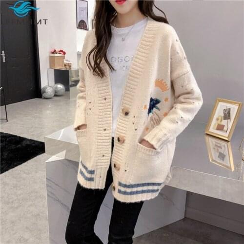 Women Open Stitch Sweater Loose Casual Korean Style Hollow Out Autumn New Fashion Chic v-Neck Cartoon Knitted Sweater Female Top