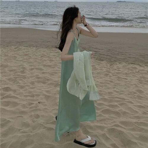 Womens Satin Dresses Elegant V-Neck Sundress Mid-Calf Spaghetti Strap High Street Dress Spring Summer