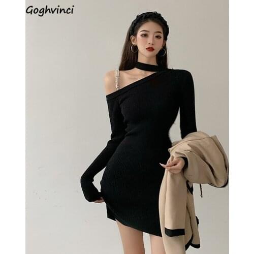 Dress Women One-shoulder Mini Sheath Black Solid Korean Style Sexy Club Soft Fit Chic Stylish High Street Spring Design Gothic