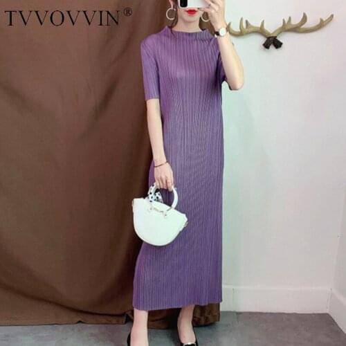 TVVOVVIN Purple Stand-up Collar Short-sleeved Pleated Slim Plus Woman Bottom Dress Casual Simple Fashion 2020 Autumn New F976