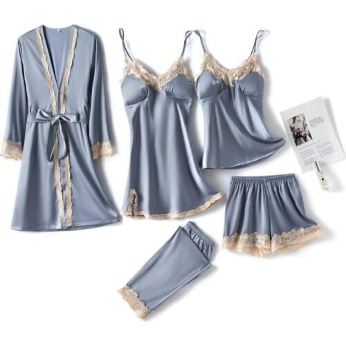 Satin 5 PCS Pajamas Suit Women Faux Silk Sleepwear Lace Pyjamas Kimono Bathrobe Gown Sexy Intimate Lingerie Home Clothes